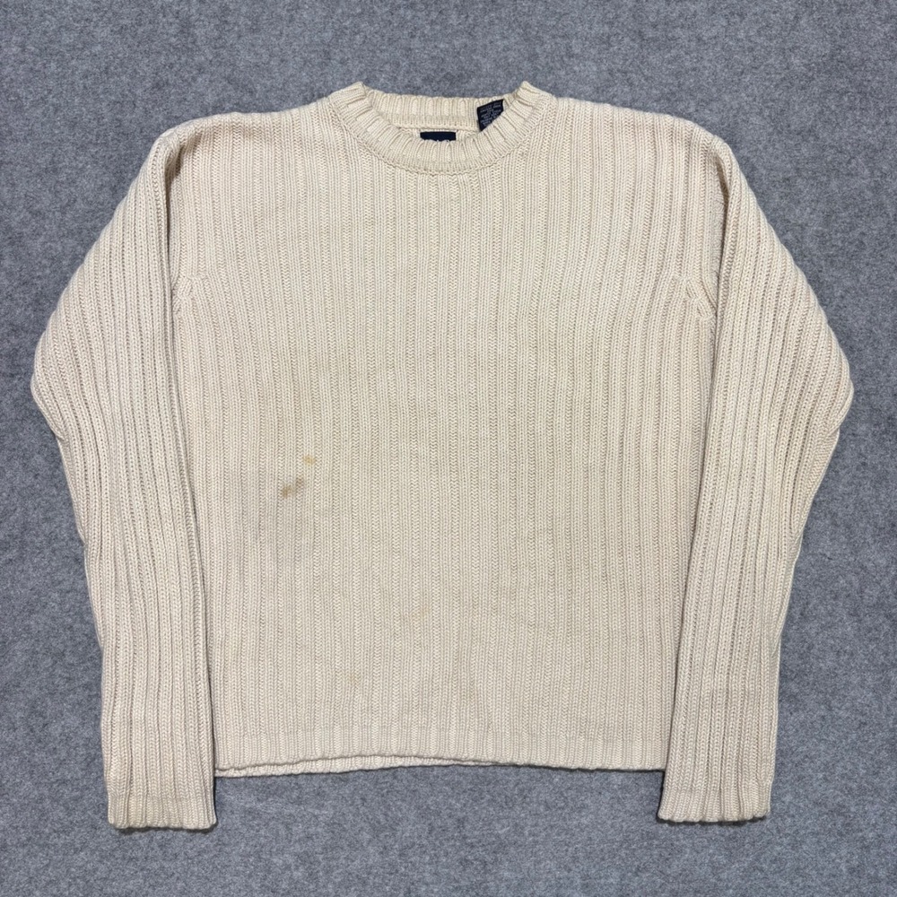Vintage Gap Mens Small Cream Cotton Ribbed Knit Crewneck Sweater Off White 0491